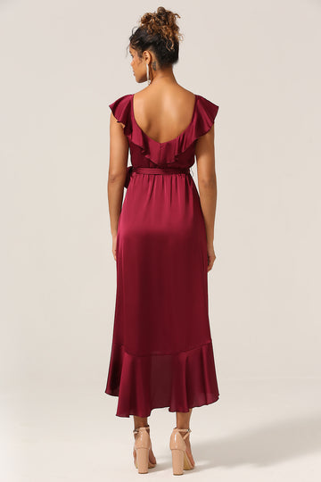 A Line V-Neck Burgundy Bridesmaid Dress with Ruffles
